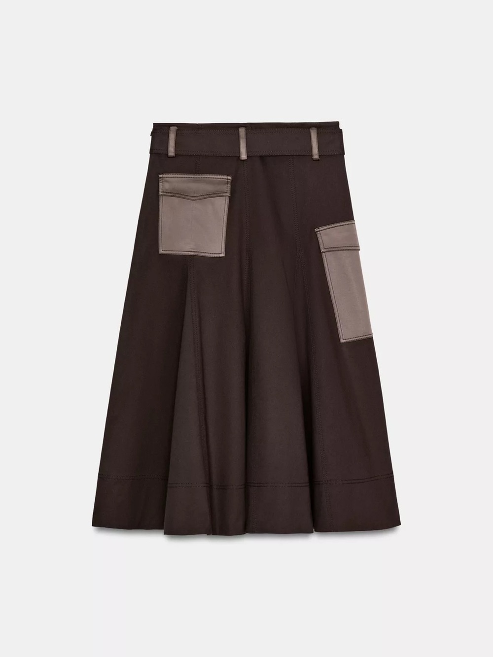 Zara Dark Brown A-Line Midi Skirt with Contrast Cargo Pocket